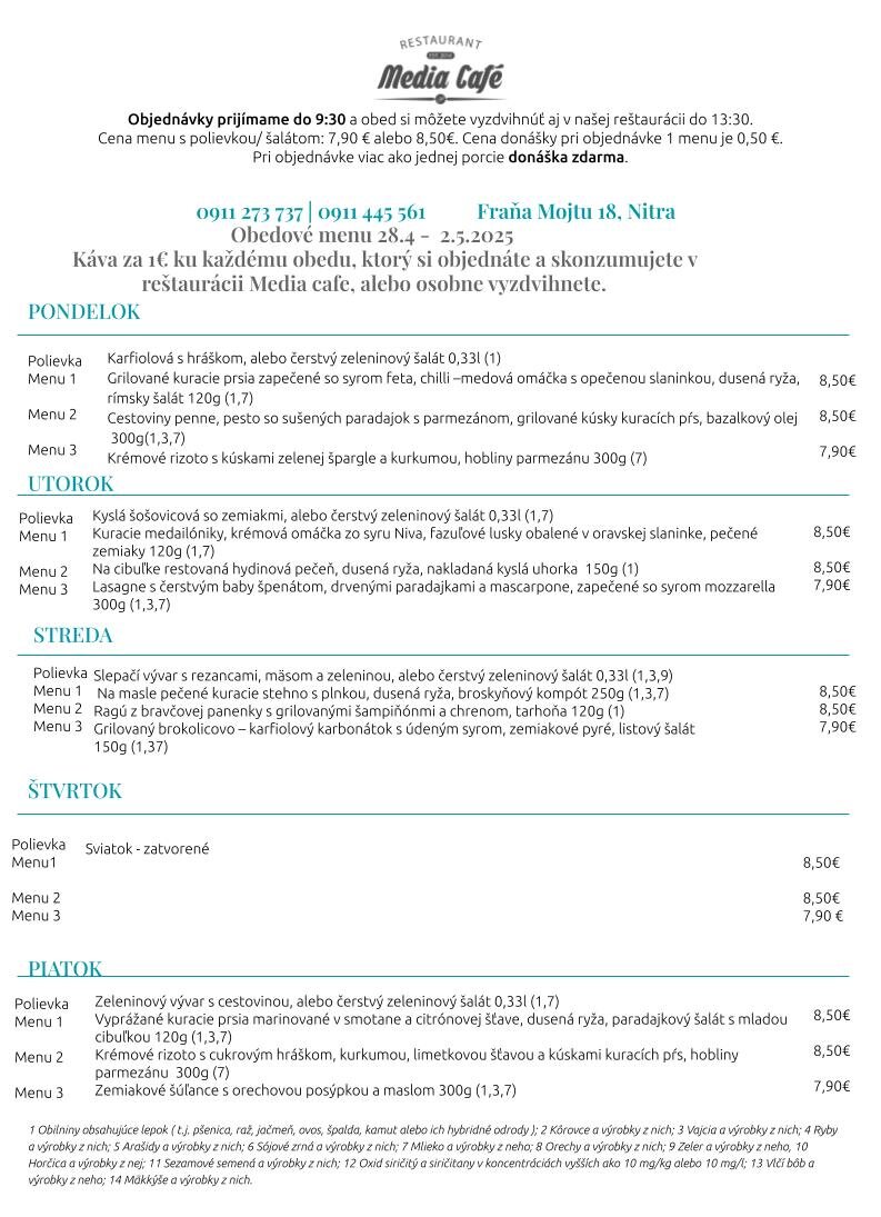 obedove menu media cafe nitra donaska