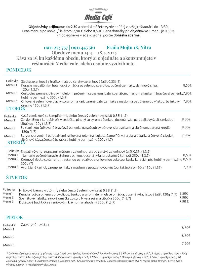 obedove menu media cafe nitra donaska