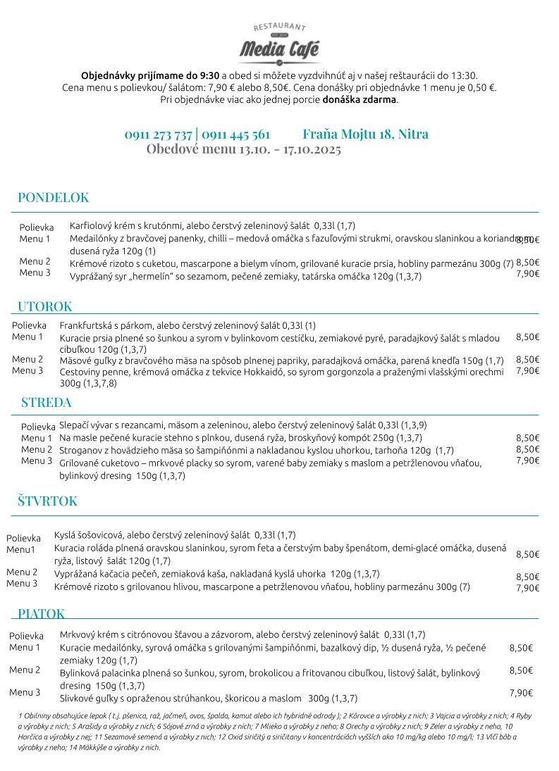 obedove menu media cafe nitra donaska