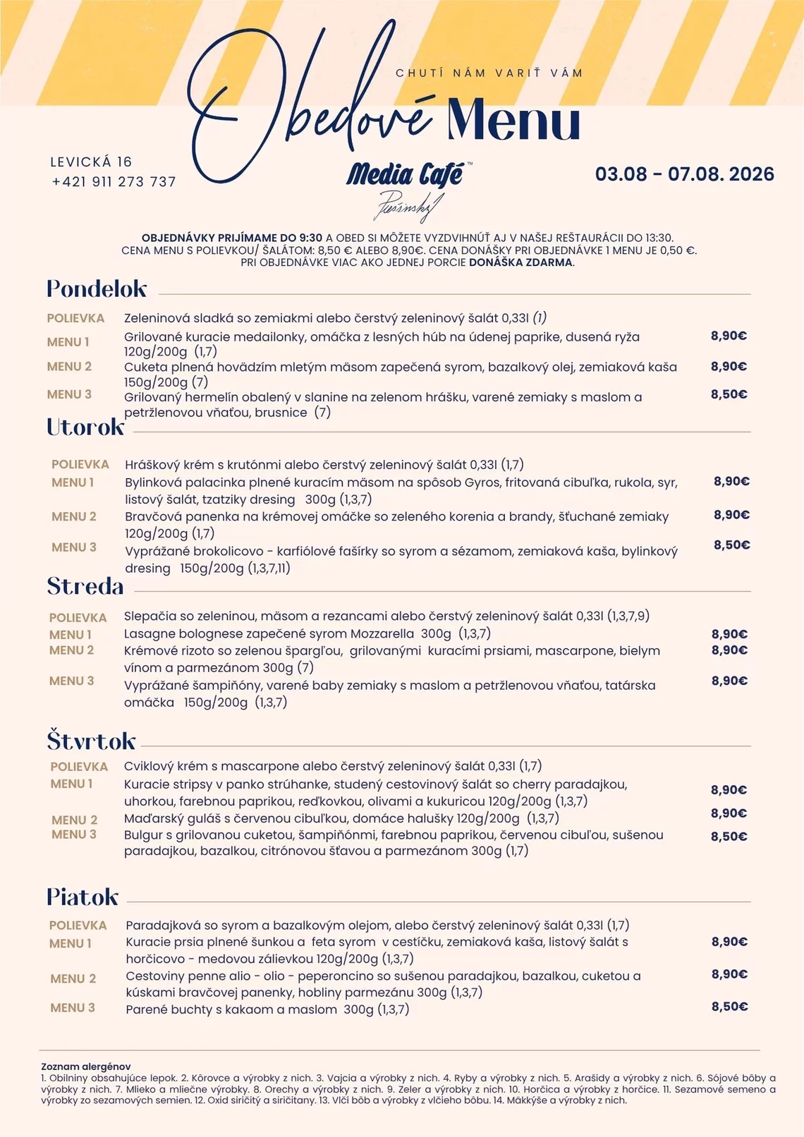 obedove menu media cafe nitra donaska