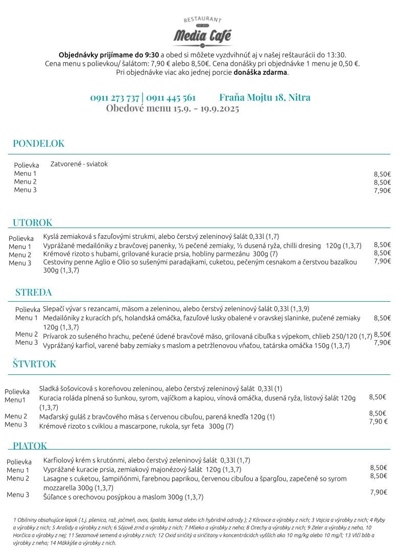 obedove menu media cafe nitra donaska