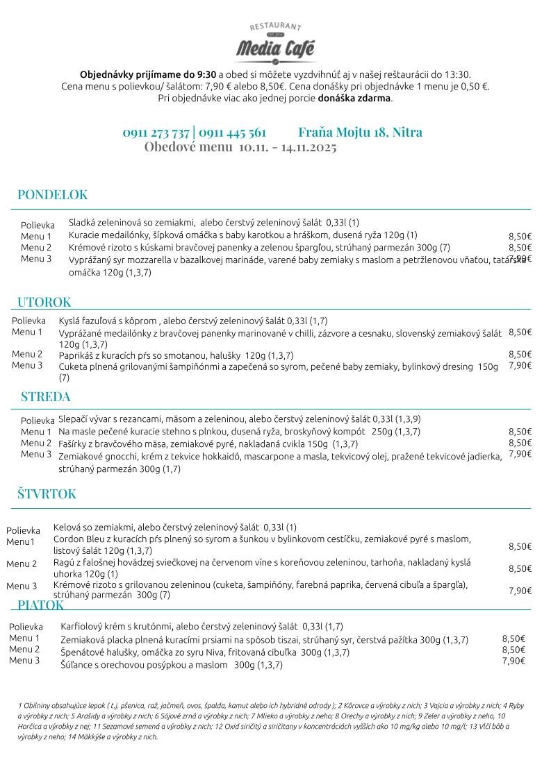 obedove menu media cafe nitra donaska