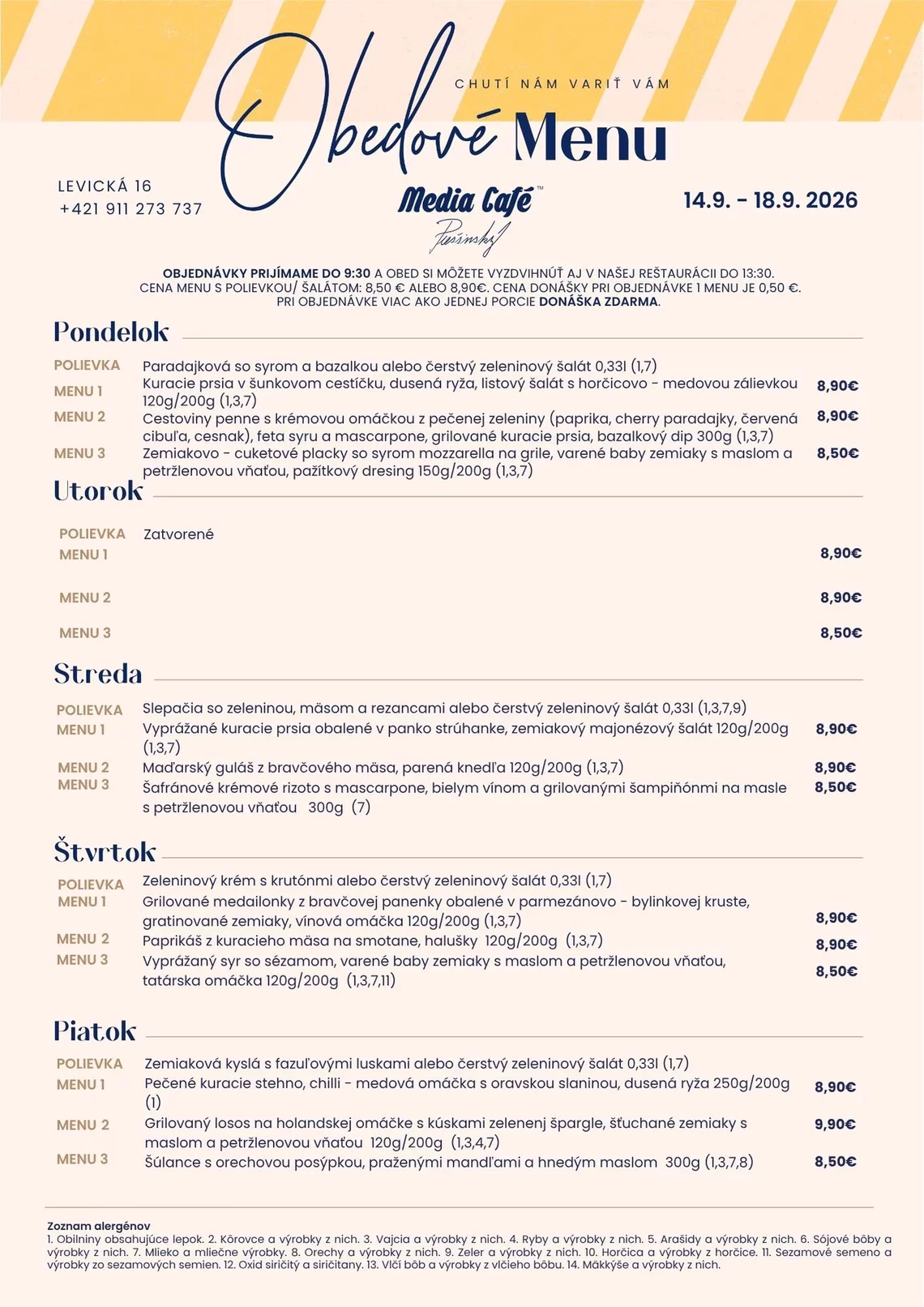 obedove menu media cafe nitra donaska